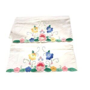 Vintage Floral Embroidered Pillowcases Set Of 2 Decorative Linens White Cotton H